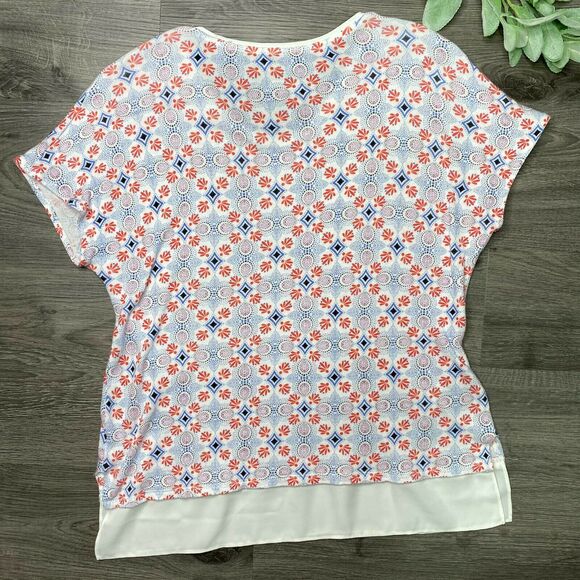 TALBOTS | sz S Women's White/Blue/Orange Medallion Short Sleeve Chiffon Hem Tee - Picture 6 of 6